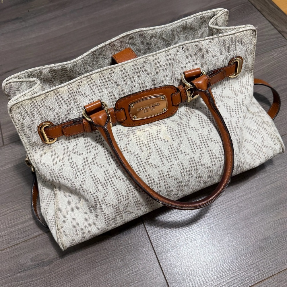 MICHAEL KORS Hamilton White Monogram Tote with Brown Leather Trim